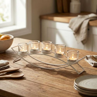 Table Centerpieces for Dining Room, Tealight Candle Holder, White | Wedding Votive Candle Holders, Wrought Iron 5 Cup Candelabra, Long Modern Coffee Table, White, Clear Glass Cups, 17in Long - color: White, size: 5 Cup