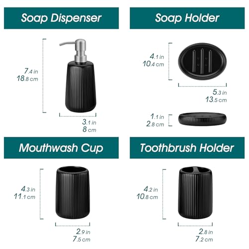 vancasso Ceramic Bathroom Accessories Set 4 Piece, Soap Dispenser with Stainless Steel Pump, Toothbrush Holder, Tumbler and Soap Dish, Modern Relief Design, Bathroom Decor Organizer, Black - style: Black