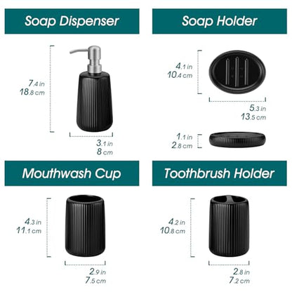 vancasso Ceramic Bathroom Accessories Set 4 Piece, Soap Dispenser with Stainless Steel Pump, Toothbrush Holder, Tumbler and Soap Dish, Modern Relief Design, Bathroom Decor Organizer, Black - style: Black
