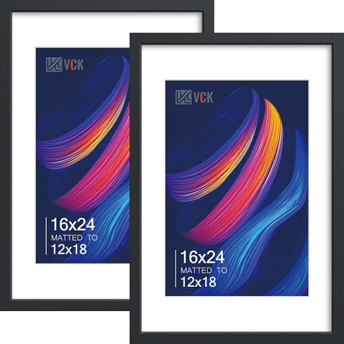 VCK 16x24 Frame 2 Pack, Black Wood, 12x18 Mat, for Picture Print | Acid-Free Mat, HD Plexiglass, Vertical or Horizontal Wall Mount Display, for Artwork, Photo Wall, Portrait, and Living Room - color: Black, size: 16x24, style: 2 Pack