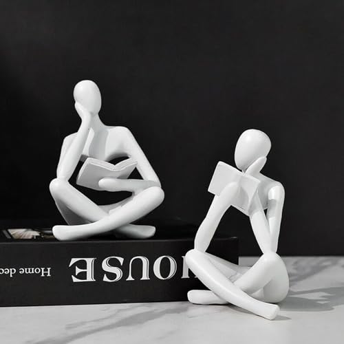 2 Pieces Home Decor White Reading Thinker Statue Modern Figurines Abstract Aesthetic Sculpture Thinker Resin Statue Set for Home Decoration Living Room Office Bookshelf Shelf Table - color: White