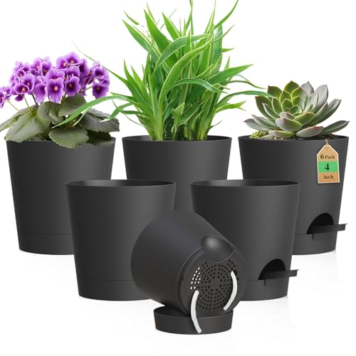 WSMKSZ 4 inch Self Watering Pots for Indoor Outdoor Plants, 6 Pack Plastic Flower Planters with Drainage Holes and Removable Saucers, Plant Pots with Wicking Rope, Modern Decor, Black - color: Black, size: 4inch 6pcs