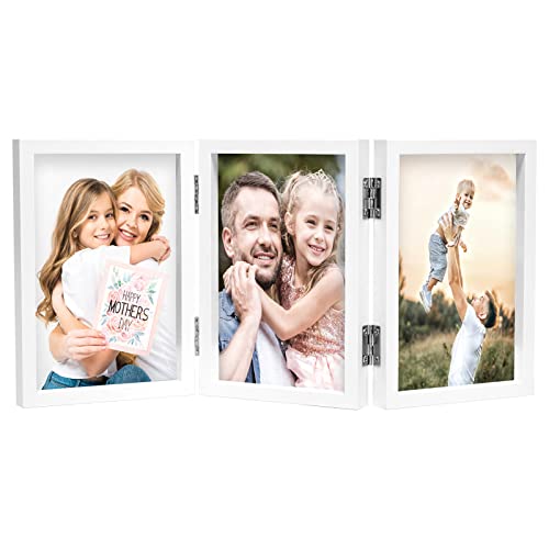 WUTL 3 Picture Frame Triple Collage 5x7 Frames with Real Glass White | Trifold Photo Frame, Hinged Foldable, Crystal Clear Real Glass - color: White, size: 5x7