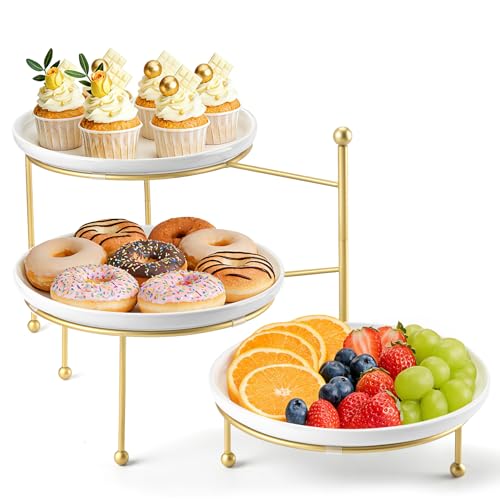 Tiered Serving Tray for Party, 10 Inch Dessert Display Stand, Gold | 3*Porcelain Durable Round Serving Plates, Microwave/Dishwasher Safe, Elegant Display, Wedding/Tea/Party serving - color: Gold