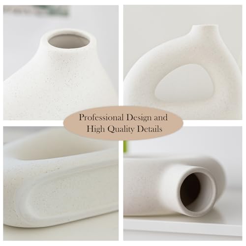 COTYNI White Ceramic Vase Set of 2 for Modern Home Decor, Round Matte Donut Vases for Pampas Grass, Boho Nordic Minimalism Style Modern Flower Vases for Living Room Table Bookshelf Office Bedroom