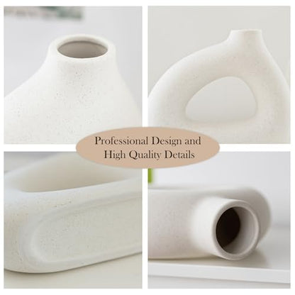 COTYNI White Ceramic Vase Set of 2 for Modern Home Decor, Round Matte Donut Vases for Pampas Grass, Boho Nordic Minimalism Style Modern Flower Vases for Living Room Table Bookshelf Office Bedroom