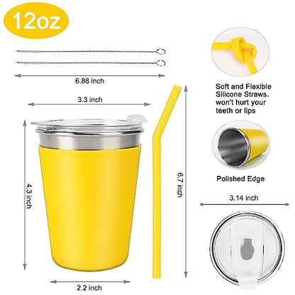 Yummy Sam 12oz Kids Stainless Steel Cups with Silicone Straws & Lids, Spill Proof Metal Tumblers for Adults, Unbreakable Toddle Cups with Full Wrapped Anti-Scald Sleeves for Hot and Cold Drinks.6Pack - color: 12oz with Silicone Straws, 6PCS