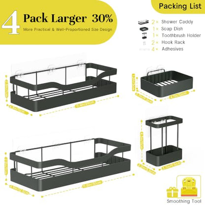 Heavy-Duty Adhesive Shower Rack, Dark Gray Storage | No Drill Wall Mounted Stainless Steel Shower Caddy Set with 44lbs Max Load, 0.43" Wire Spacing, Toothbrush & Soap Holder - color: Dark Gray