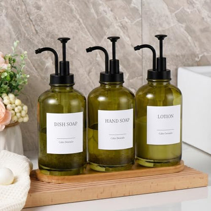 Glass Soap Dispenser with Pump, Dish and Hand Soap Dispenser for Kitchen Bathroom, Glass Dispenser Set with 18 Stickers Funnel Bamboo Tray 500ml 18oz Green - color: Olive Green 3
