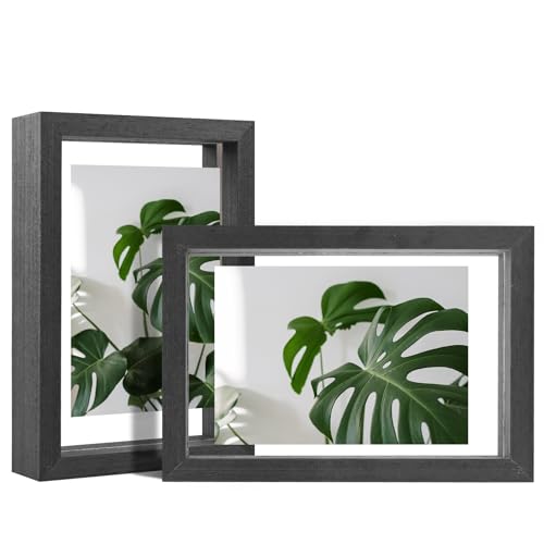 Egofine 4x6 Floating Frames Set of 2, Double Plexiglass Picture Frame, Made of Solid Wood Display Any Size Photo up to 4x6, Wall Mount or Tabletop Standing, Faded Black - color: Faded Black, size: 4x6