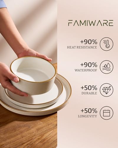 Famiware Nebula 12-Piece Dinnerware Set, Matte Beige White with Brown Rim | Stoneware Plates and Bowls, Handmade Reactive Glaze, Microwave & Dishwasher Safe, Chip & Scratch Resistant - color: Matte Beige White with Brown Rim, size: Service for 4 (Standard