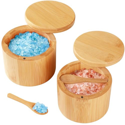 Bamboo Salt Cellar, 2 PCS Salt Container with Built-in Spoon, Salt Box Bowl with Magnetic Swivel Lid, Elegant Kitchen Salt Holder Saver Jar to Storage Pepper Spice Sea Salt for Countertop - color: 2 PCS Bamboo Salt Cellar