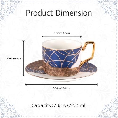 KAMMAK Tea Cups and Saucers Set of 2, Porcelain Coffee Cups, NX028 | Gold Rim, Stackable Espresso Mugs, Ceramic Demitasse for Coffee, Latte, Americano, Afternoon Tea, Elegant Gift for Women - size: 8CZNX028