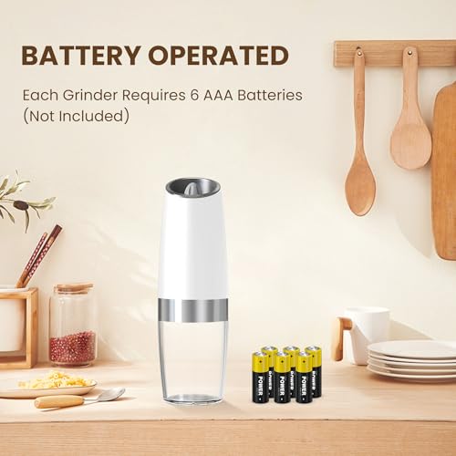 Battery Gravity Salt Pepper Grinder Set, 2 Pack (White) | Gravity Automatic Grinder With LED Light & Adjustable Roughness, Each Requires 6 AAA Batteries For Kitchen Daily Seasoning - color: Battery/Set/White