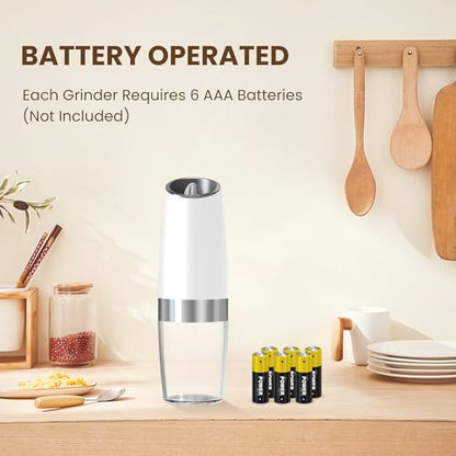 Battery Gravity Salt Pepper Grinder Set, 2 Pack (White) | Gravity Automatic Grinder With LED Light & Adjustable Roughness, Each Requires 6 AAA Batteries For Kitchen Daily Seasoning - color: Battery/Set/White