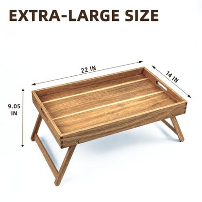 Solidith Acacia Wooden Breakfast Tray, Bed Tray with Folding Legs | Extra Large Serving Tray with Handles for Food and Snack,Laptop Desk for Working,Reading,Eating,TV Table