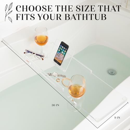 36" Supreme Plus- Luxury Bathtub Tray Caddy- 3/8" Thick, Clear Bath Tub Tray Table for 1 or 2 Bathers, Acrylic Bathtub Caddy, iPad and 2 Wine Glass Holders (Supreme Plus, 36") - size: 36" x 9" x 1.5"