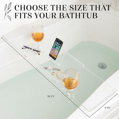 36" Supreme Plus- Luxury Bathtub Tray Caddy- 3/8" Thick, Clear Bath Tub Tray Table for 1 or 2 Bathers, Acrylic Bathtub Caddy, iPad and 2 Wine Glass Holders (Supreme Plus, 36") - size: 36" x 9" x 1.5"