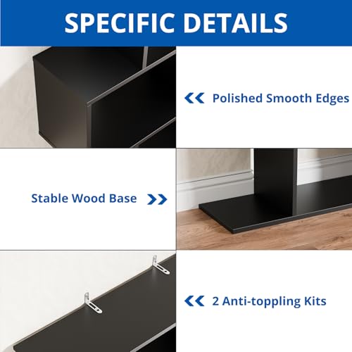 Set of 2 Geometric Bookcase, S-Shaped Modern Bookshelf, Room Divider Bookshelf, 62" Tall Unique Abstract Bookcase with 5-Tier Display Shelf for Living Room Office, Black - color: Black