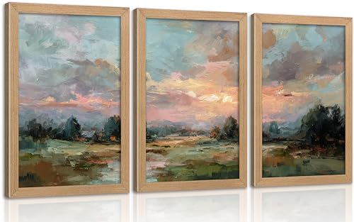 Framed Pastel Abstract Landscape Wall Art Set, Nature Sunset Scenery Painting Oil Painting Canvas Prints, Watercolor Rustic River Wall Decor, Farmhouse Soft Nature Poster Artwork for Living Room - color: Red Sun, size: 24"Lx16"W