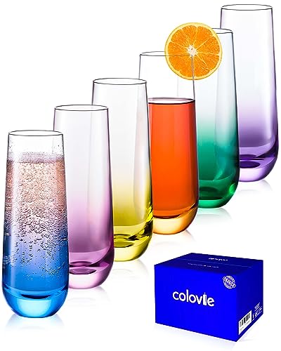 ColoVie Stemless Champagne Flutes set of 6, Colored Bar Glassware, Cocktail | Colored Champagne Glasses, Crystal Glass for Wedding Toasting, Prosecco, Mimosa Glasses, Bridesmaid Gift, Party Glassware - style: Champagne Flute