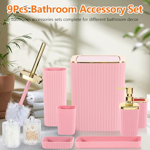 9 PCS Pink Bathroom Accessories Set with Trash Can Bathroom Accessory | All-in-One Kit with Trash Can,Toothbrush Holder,Soap Dispenser,Toothbrush Cup,Vanity Tray,Soap Dish,Toilet Brush etc for Home - color: Pink