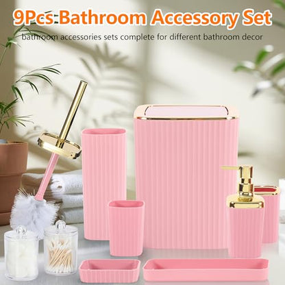 9 PCS Pink Bathroom Accessories Set with Trash Can Bathroom Accessory | All-in-One Kit with Trash Can,Toothbrush Holder,Soap Dispenser,Toothbrush Cup,Vanity Tray,Soap Dish,Toilet Brush etc for Home - color: Pink