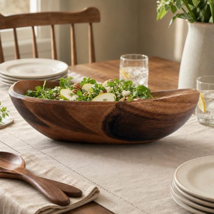 Arthur Court Wave Pattern Large Acacia Wood Salad Bowl - Modern Centerpiece for Fruits and Salads - 19 x 12 x 4 Inches - size: Wave