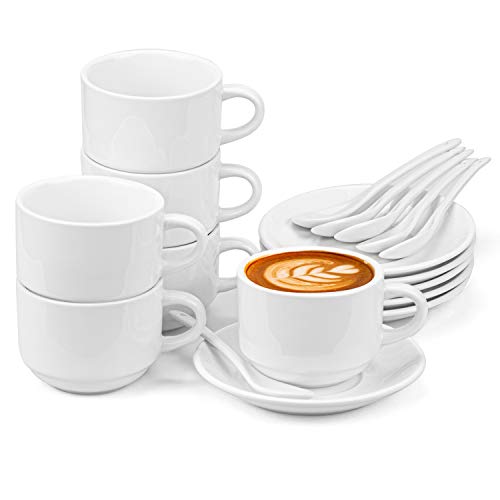 Hedume 6 Pack 5 OZ Espresso Cups with Saucers and Spoons, Stackable Espresso Coffee Cup Set for Specialty Coffee Drinks, Latte, Cafe Mocha and Tea - Safe for Dishwasher, Microwave, Oven and Freezer