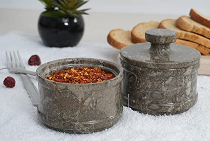 Radicaln Salt & Pepper Bowl – 5” Handmade Marble Oceanic Dual Salt Cellar With Lid – 2” Each Brown Sugar Keeper Spice Herbs Container Kitchen Accessories - color: Oceanic