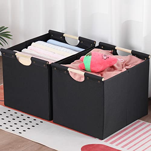 HOONEX Large Collapsible Storage Bins, Linen Fabric, Pack of 2, Storage Baskets with Wooden Carry Handles and Sturdy Heavy Cardboard, for Home, Office, Car, Nursery, Black - color: Black