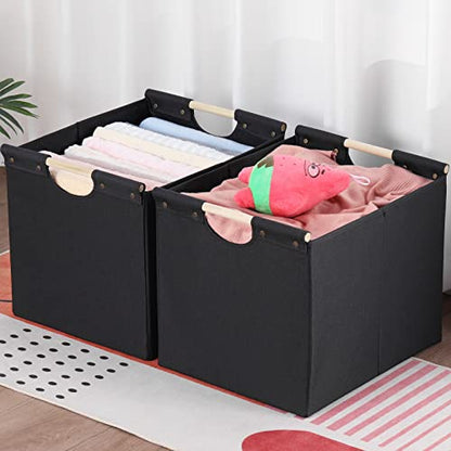 HOONEX Large Collapsible Storage Bins, Linen Fabric, Pack of 2, Storage Baskets with Wooden Carry Handles and Sturdy Heavy Cardboard, for Home, Office, Car, Nursery, Black - color: Black