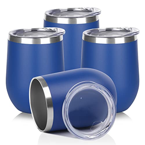DOMICARE Stainless Steel Wine Tumbler Bulk with Lid, Personalized Insulated Tumblers Set, 12oz Travel Coffee Cups Pack of 4, Dark Blue - color: Dark Blue, size: 4 Count (Pack of 1)