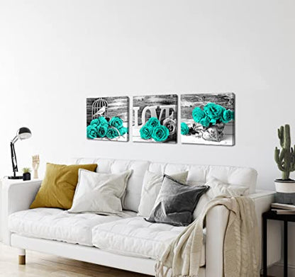 Teal Bathroom Wall Decor Turquoise Teal and Grey Rose Wall Art for Bedroom Living Room Accessories Love Sign Aqua Green Flower Pictures Floral Poster Canvas Artwork Kitchen Home Decoration 12x12" 3 | Love Sign Aqua Green Flower Pictures Canvas Prints Vint