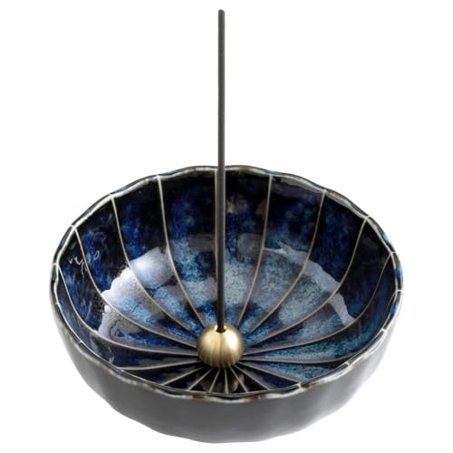 Asayu Japan Lotus Incense Holder for Sticks 4.1 inch (105 mm), Traditional Made in Japan Ceramic Ash Catcher and Brass Incense Burner Set - Navy Dark Blue Lotus