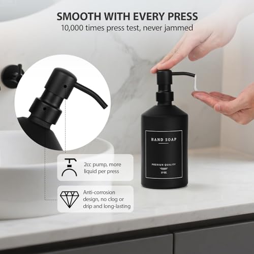Matte Black Soap Dispenser Set, 17 OZ Hand and Dish Soap Dispenser Set, Bathroom Refillable Soap and Lotion Dispenser Set with Stainless Pump, Modern Liquid Soap Bottle Set(Black Bottle/Black Pump) - color: Black Bottle + Black Pump