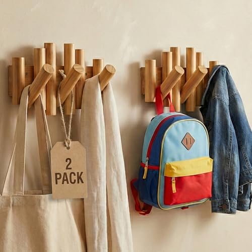 Bamboo Piano Coat Rack Wall Mount Set of 2, Flip Down Wooden Hooks for Entryway Hallway Mudroom Bedroom | Natural Wood Wall Hanger, 2-Pack 3 Hooks, Space Saving Organizer - color: Natural Bamboo, size: 3-Hook (2-Pack)