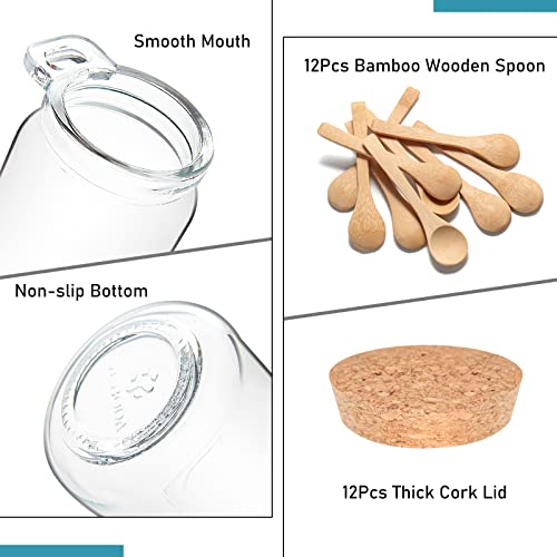 YEBODA 10 oz Small Glass Storage Jars with Cork Lids and Spoons, 12 Pack | Clear jars for spices, bath salts, sugar scrubs, yogurt and DIY gifts; includes labels, marker and funnel.
