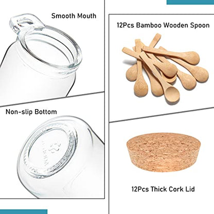 YEBODA 10 oz Small Glass Storage Jars with Cork Lids and Spoons, 12 Pack | Clear jars for spices, bath salts, sugar scrubs, yogurt and DIY gifts; includes labels, marker and funnel.