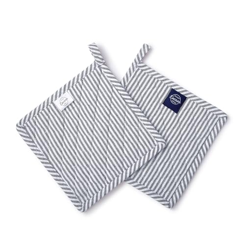Encasa XO Pot Holders, Quilted Kitchen Hot Pads 8"x8" Ticking Navy Blue | 100% Eco-Friendly Cotton | Thick Cotton Padding Insulation | Convenient Hanging Loop | Set of 2 - color: Ticking Navy Blue
