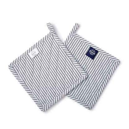 Encasa XO Pot Holders, Quilted Kitchen Hot Pads 8"x8" Ticking Navy Blue | 100% Eco-Friendly Cotton | Thick Cotton Padding Insulation | Convenient Hanging Loop | Set of 2 - color: Ticking Navy Blue