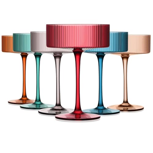 Chouggo Art Deco Colored Vintage Coupe Glasses, 9Oz Ribbed Crystal Hand Blown Martini & Cocktail Glasses, Perfect for Dessert, Manhattan, Cosmopolitan, Gimlet, Pisco Sour