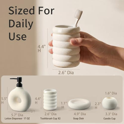5 Pcs Ceramic Bathroom Accessories Set, White Bathroom Soap Dispenser Set | Soap Dispenser 16Oz, Toothbrush Cup, Toothbrush Holder, Soap Dish, Candle Holder,Modern Bathroom Accessory Set for Countertop - color: White-002