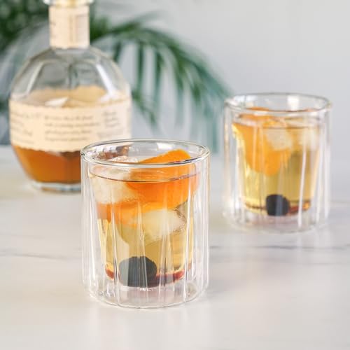 Viski Double Walled Rocks Glasses - Insulated Whiskey Tumblers with Cut Crystal Design - Dishwasher Safe 10.5oz Set of 2 - style: Double Walled Rocks