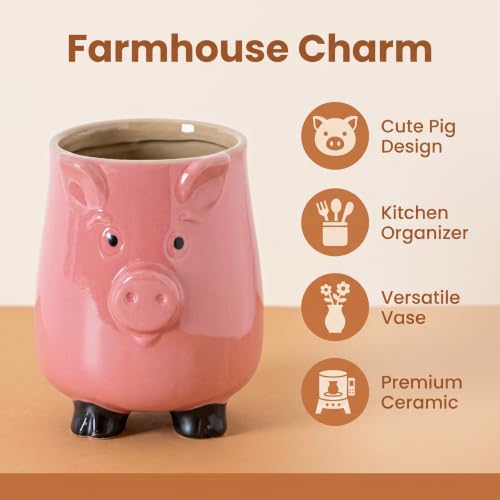 Ceramic Pig Utensil Holder for Kitchen Counter Farmhouse Utensil crock | Cute pig-shaped ceramic utensil holder keeps kitchen tools organized while adding farmhouse charm to your countertop.