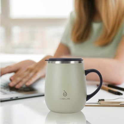Ideus 16 oz Insulated Coffee Mug with Handle and Lid, Double Wall Stainless Steel Vacuum Thermal Coffee Mug, Travel Coffee Cup Thermal Cup for Home and Office (Celadon, FUJI DAWN) - color: Celadon