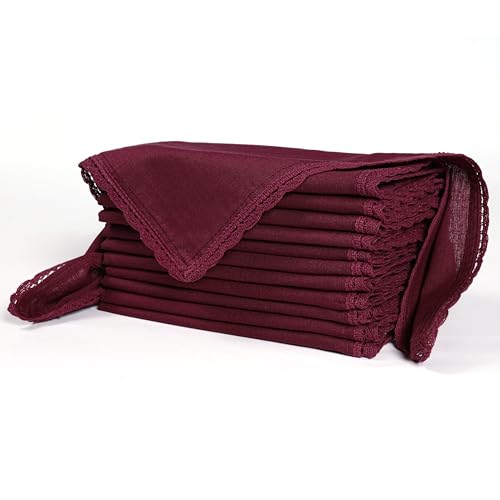 Ramanta Home Burgundy Linen Flax Cloth Napkins Set of 12, 18x18 Inches | Flax Lace Cotton Linen Reusable Decorative Scalloped Dinner Napkins with Mitered Corners for Weddings, Everyday Use - color: Burgundy, size: 18" x 18" (Set of 12)