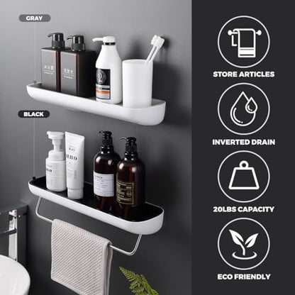 Bathroom Organizer - Wall Mounted Shower Caddy Shelf - with Towel Bar - Extra Strong Self Adhesive - No Drilling - Easy Drainage - Rustproof. (White/Gray) - color: White / Gray
