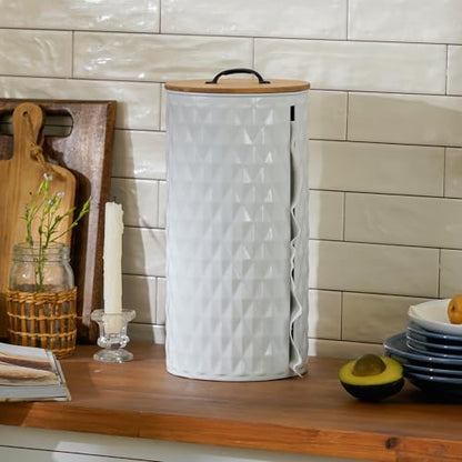 Metal Paper Towel Holder, Weighted Base with Suction Cups | Embossed with Wooden Lid, Easy Tear Roll Dispenser for Kitchen Counter, Bars, Dining Tables - color: Diamond White
