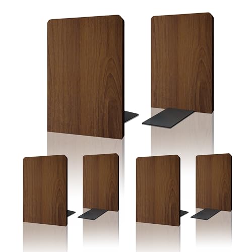Brosisincorp Walnut Wood Large Book Ends for Shelves, Non-Skid Pad, 3 Pairs | 6.69"Hx4.72"Wx3.94"L, Heavy Duty Wooden Bookend with Steel Base for Vinyl Records Office Home Decorative, Hand Polished Edges - color: 3 Pairs-square